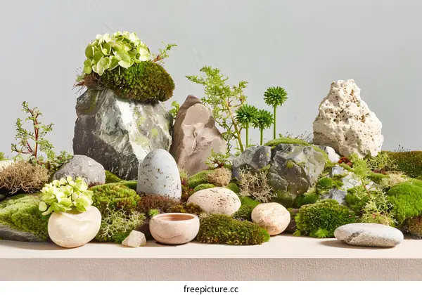 Close Up Of Stones And Moss In A Zen Garden