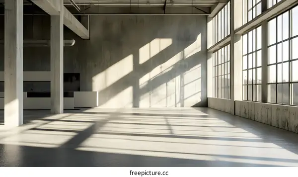 Empty Concrete Room with Large Windows and Sunbeams