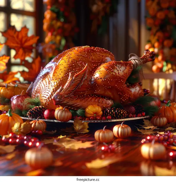 Roasted Turkey with Vegetables and Fall Leaves