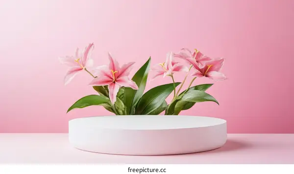 Pink Lily Flowers on a White Round Display Stand