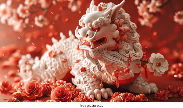 3D Rendered Chinese Guardian Lion with Red and White Flowers