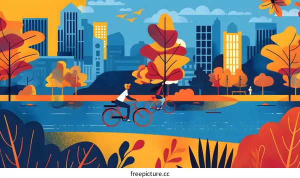 Couple riding bicycles in city park