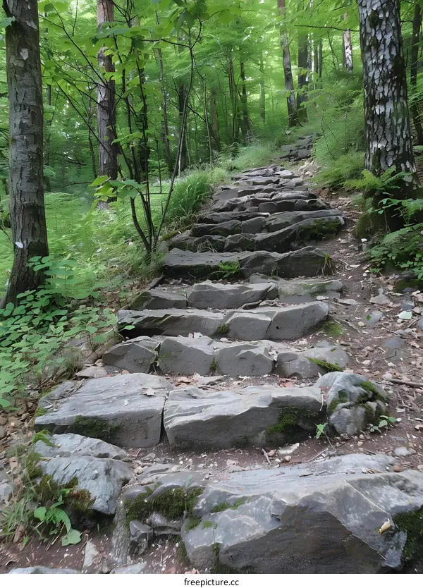 Rocky hiking trail through the forest