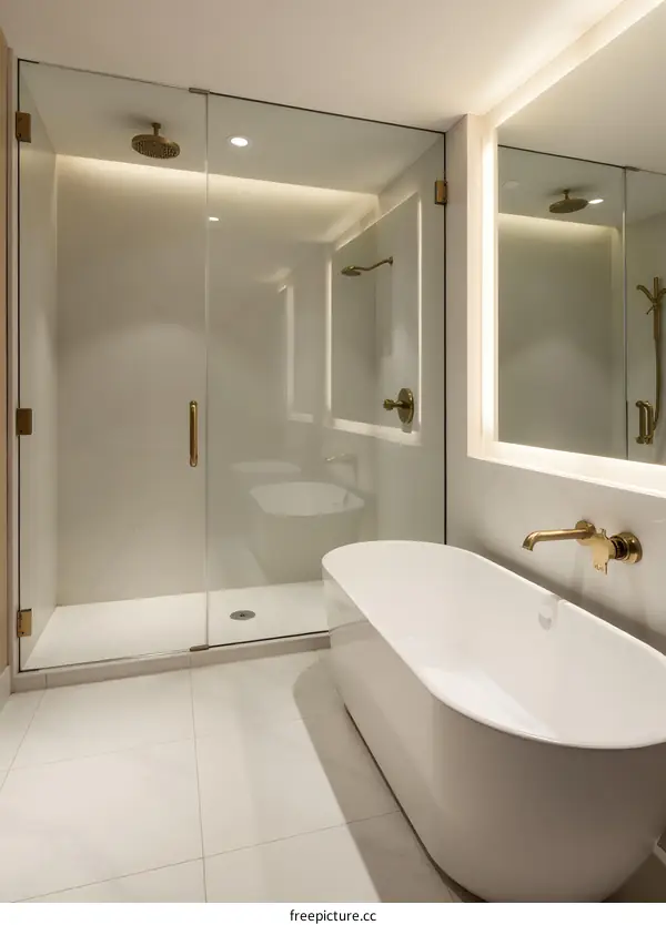 Modern Bathroom with Freestanding Tub and Glass Shower Enclosure