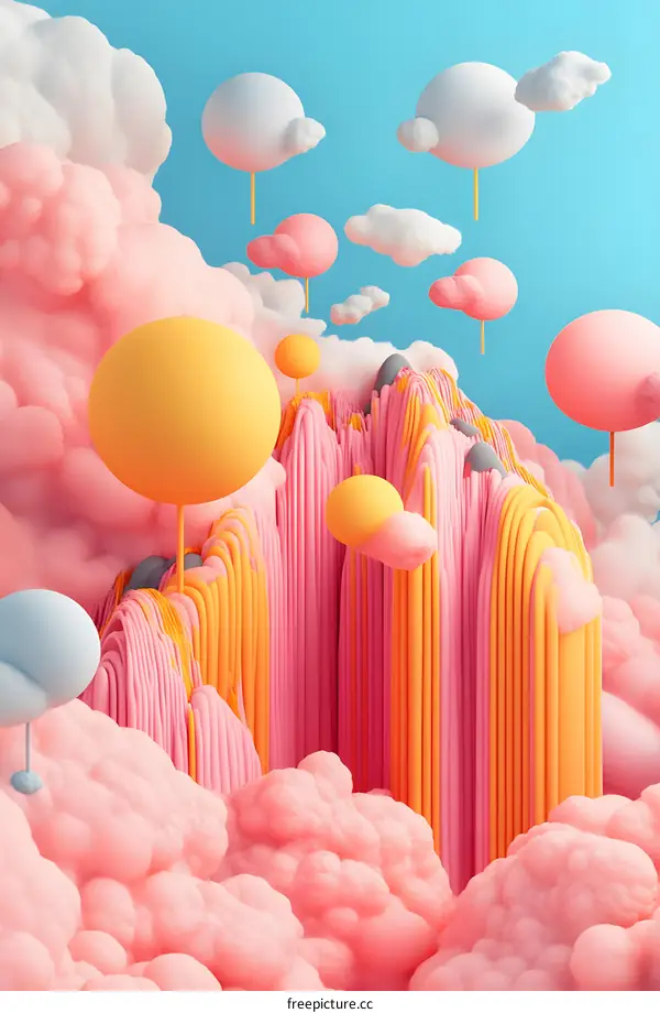 Abstract 3D Illustration of Pink and Yellow Clouds and Balloons