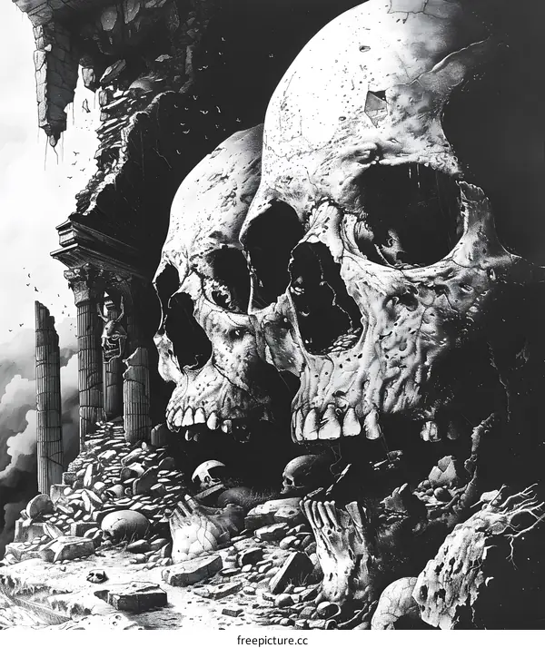 Three skulls in the ruins