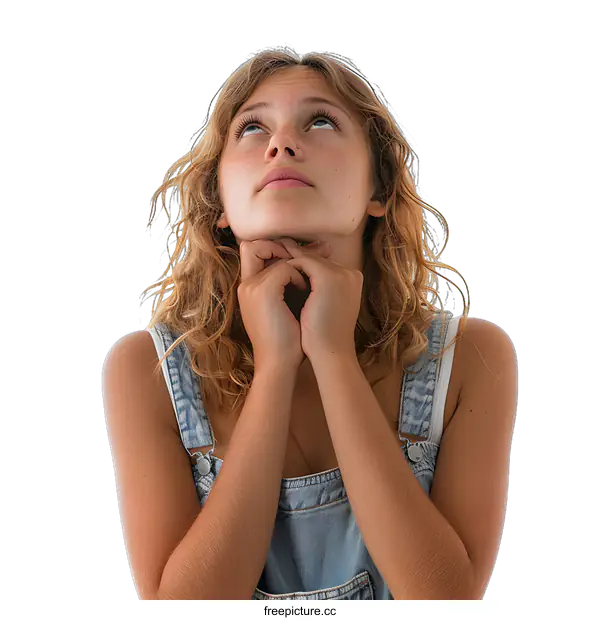 [Transparent Background PNG]Young woman looking up with hands clasped