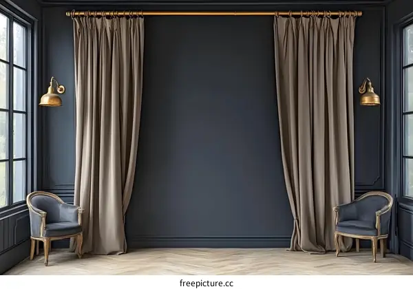 Dark Blue Wall with Golden Curtain Rod and Two Chairs