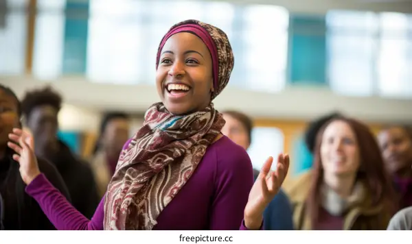A young woman wearing a purple hijab is smiling and laughing with her friends.