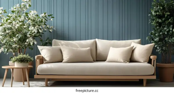 Modern Beige Sofa in a Teal Room with Plants