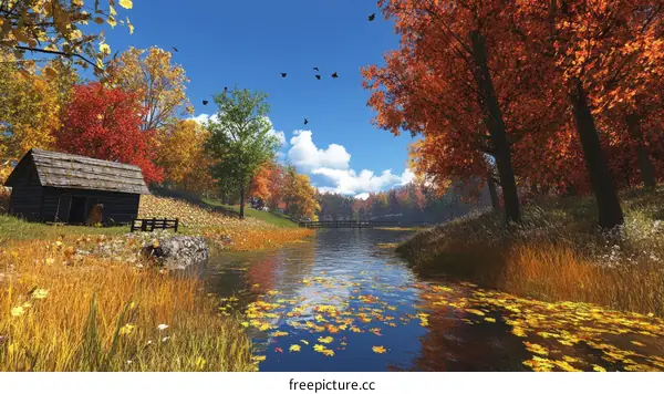 Autumnal Lakeside Cabin Scenery Illustration