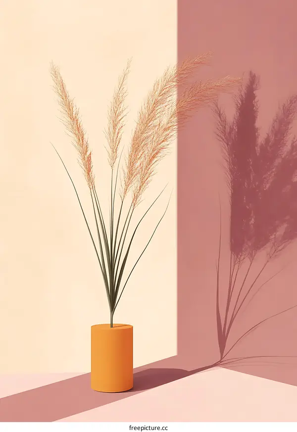 Minimalist Still Life with Dried Grass in Orange Vase