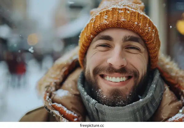 portrait of a happy young man with a beard wearing a brown beanie and a winter coat smiling in the snow