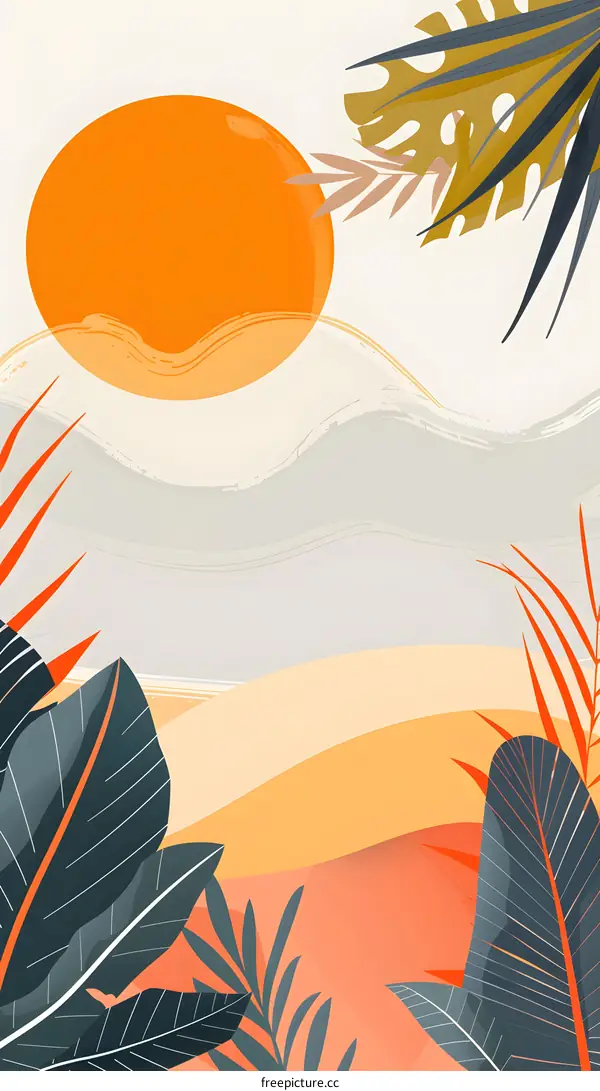 Abstract Tropical Illustration with Sun and Palm Leaves