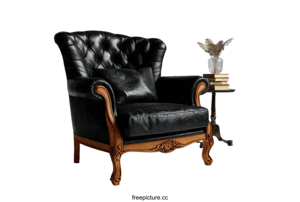 [Transparent Background PNG]Classic Black Leather Armchair with Wooden Carvings