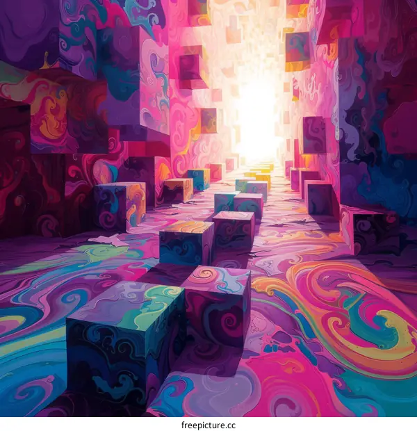 Surreal Tunnel Dream Corridor with Floating Cubes and Light