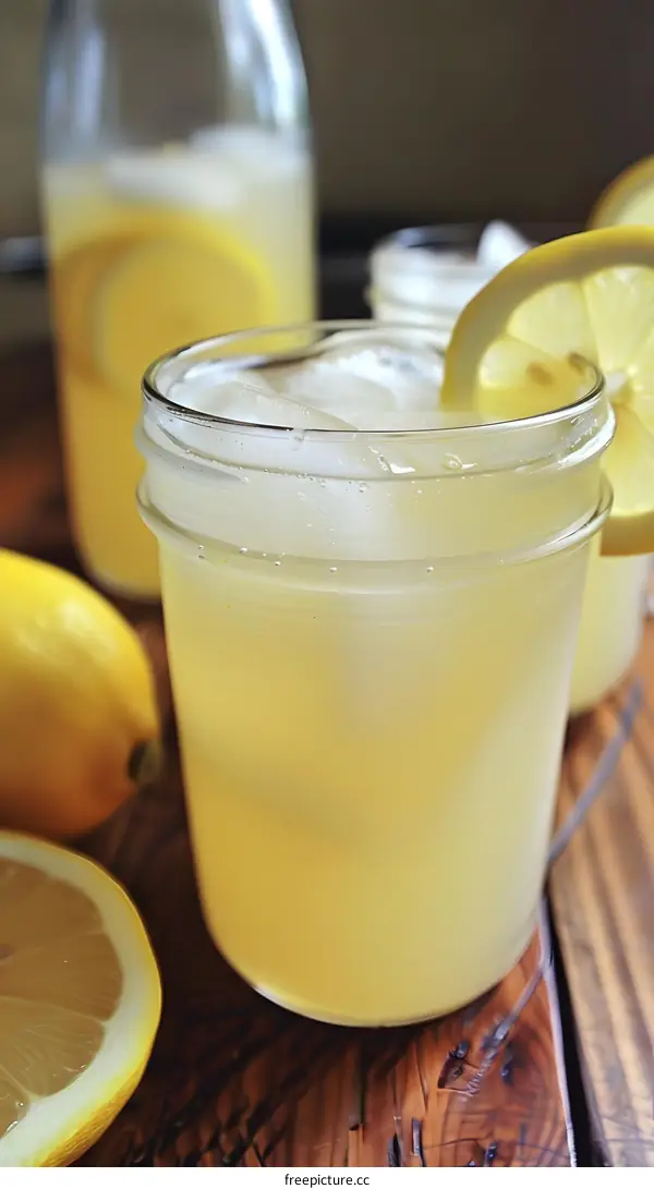 Lemonade in Glass Jar with Ice and Lemon Slice