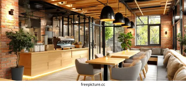 Modern Cafe with Exposed Brick and Wooden Accents