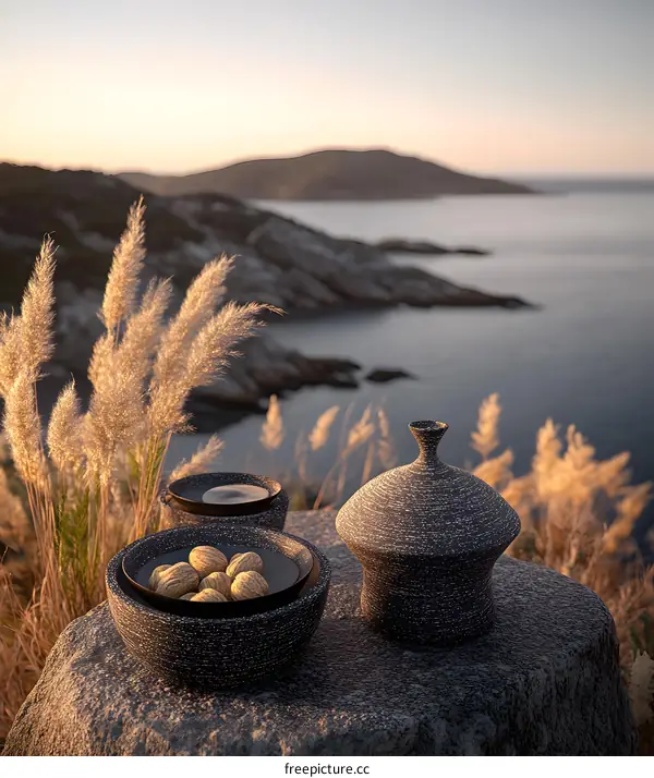 Black and White Ceramic Vases with Nuts on a Rock by the Sea