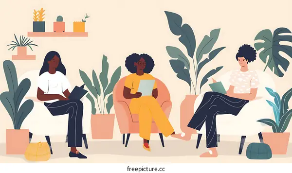 Three African American Women Sitting in Chairs Reading