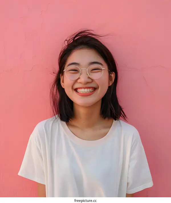 Smiling Asian Woman Wearing Glasses Against Pink Wall