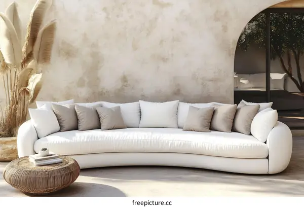 Modern Outdoor Curved Sofa with Beige Pillows