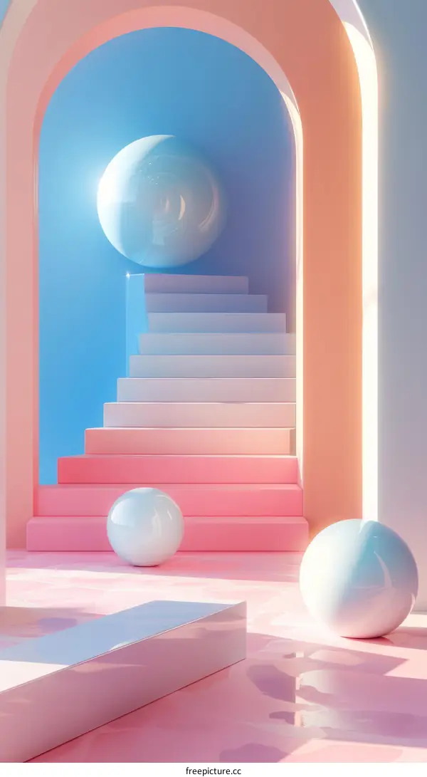 3D Surreal Staircase in Pastel Colors with Blue Background