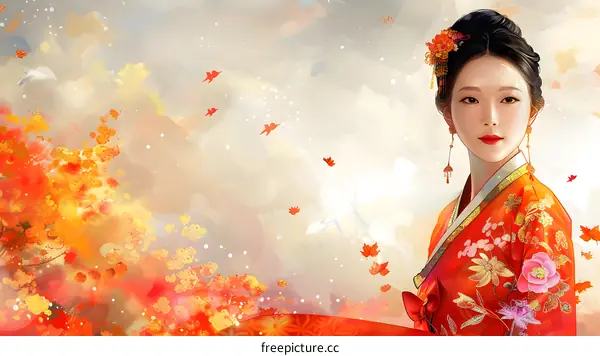 A beautiful Korean woman in traditional dress stands in a field of flowers.