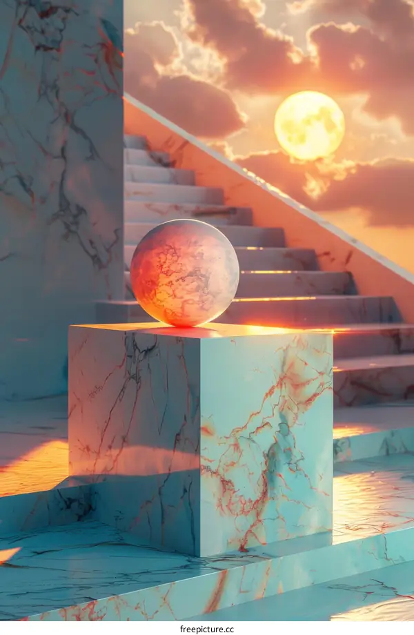 3D Sphere on Marble Pedestal with Sunset