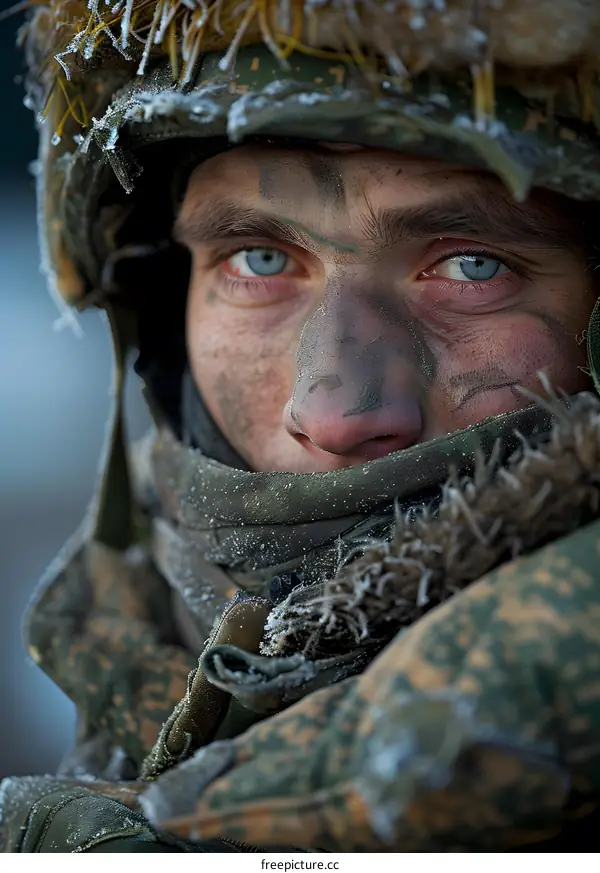 Portrait of a Russian soldier in winter camouflage