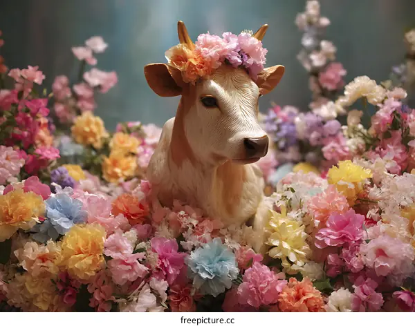 Floral Decorated Cow Figurine in a Colorful Flower Arrangement