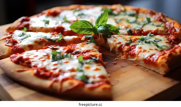Close-up of a delicious pizza with melted cheese and basil