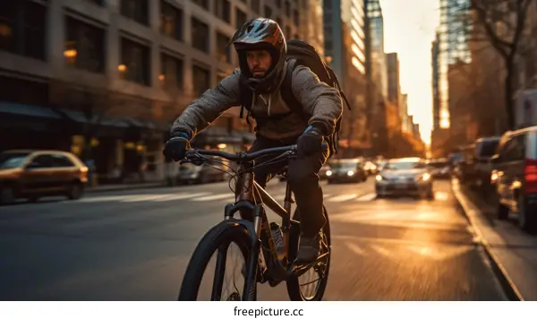 Cyclist rides through urban city street at sunset