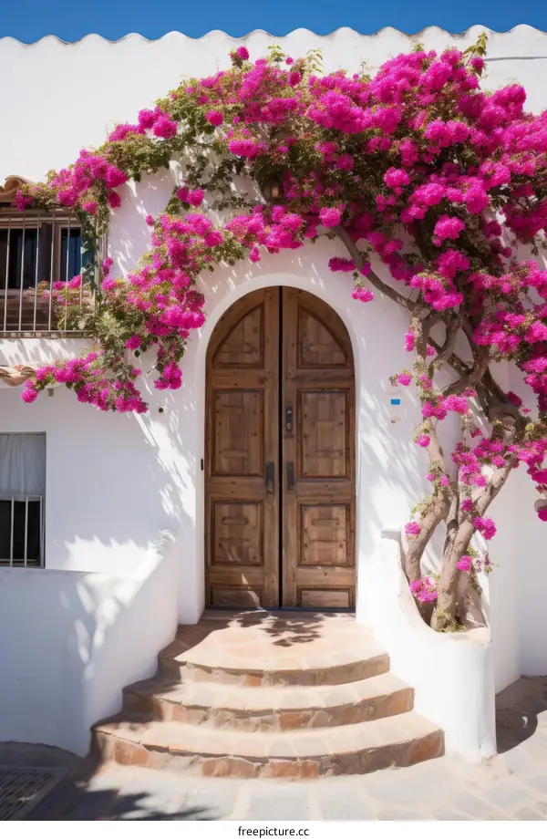 Pink Bougainvillea Flowers Blooming over a Wooden Door