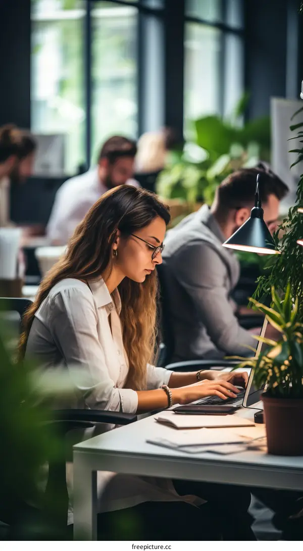 Woman Working on Laptop in Office
