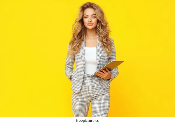 Business Woman Holding Tablet in Front of Yellow Background