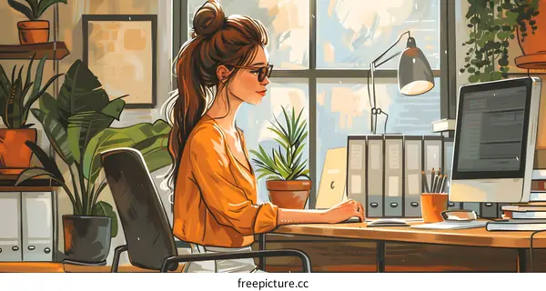 A woman is working at her desk in an office.