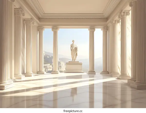 Classical Architecture Interior with Statue and Mountain View