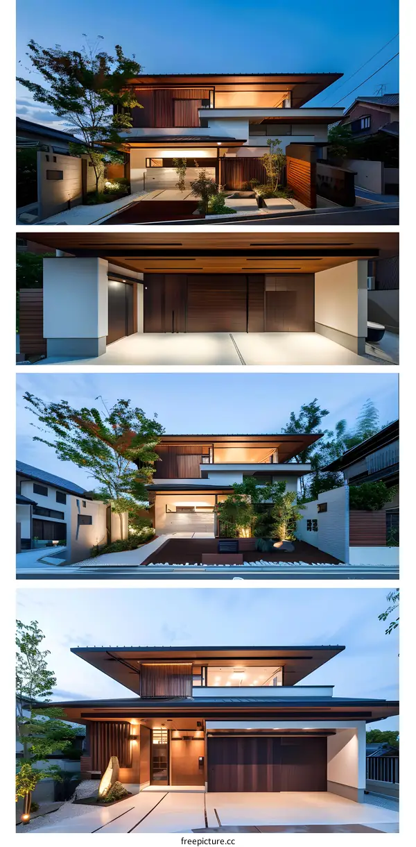 Modern Japanese House with Wood Accents and Landscaping