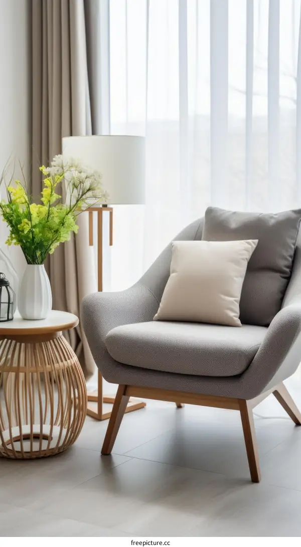 Modern minimalist living room interior design with gray armchair and white floor lamp