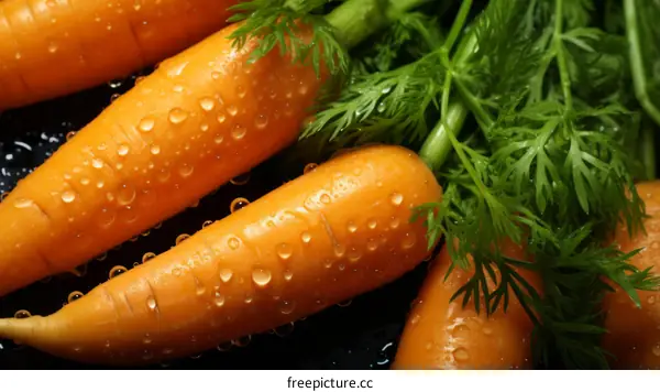 Fresh Organic Carrots with Green Leaves Sprinkled with Water Drops