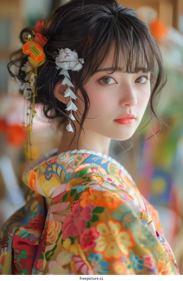 Portrait of a beautiful Japanese woman in traditional kimono