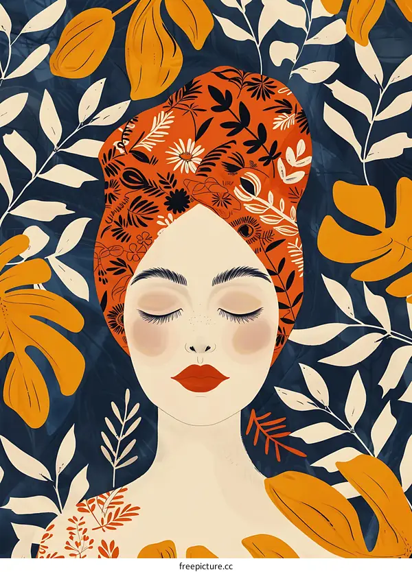 Woman with Closed Eyes Surrounded by Floral Pattern