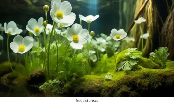 White Flowers and Green Moss in a Forest