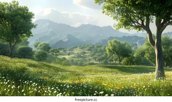 Fantasy Green Rolling Hills in Scenic Landscape with Sunlight