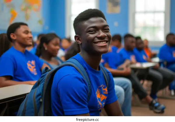 Portrait of a smiling African American teenage boy in a classroom