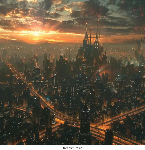 Sunset over a futuristic city skyline