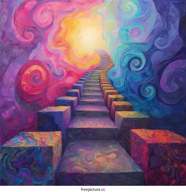 Mystical surreal painting of a staircase ascending to a glowing vortex