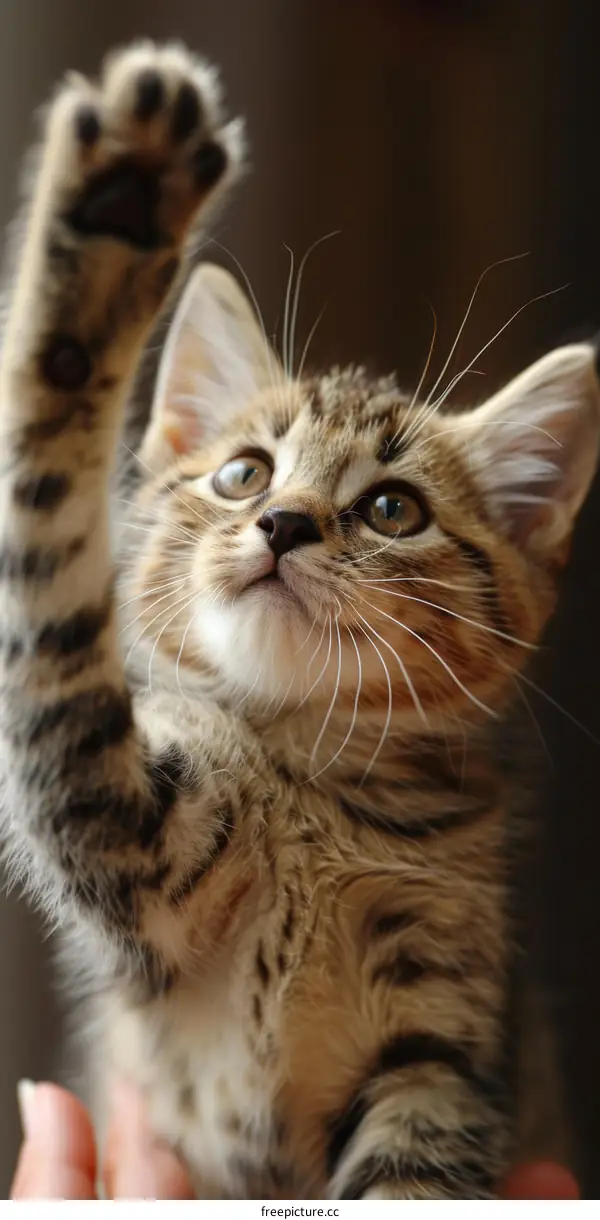 Playful Tabby Kitten Reaching Out with Paw