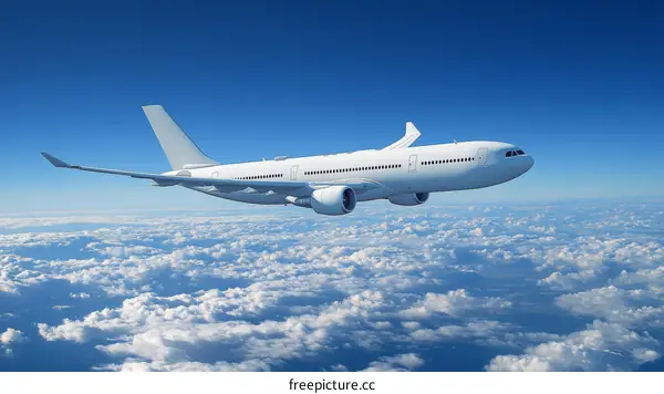 White Airplane Flying Above Clouds in a Clear Sky